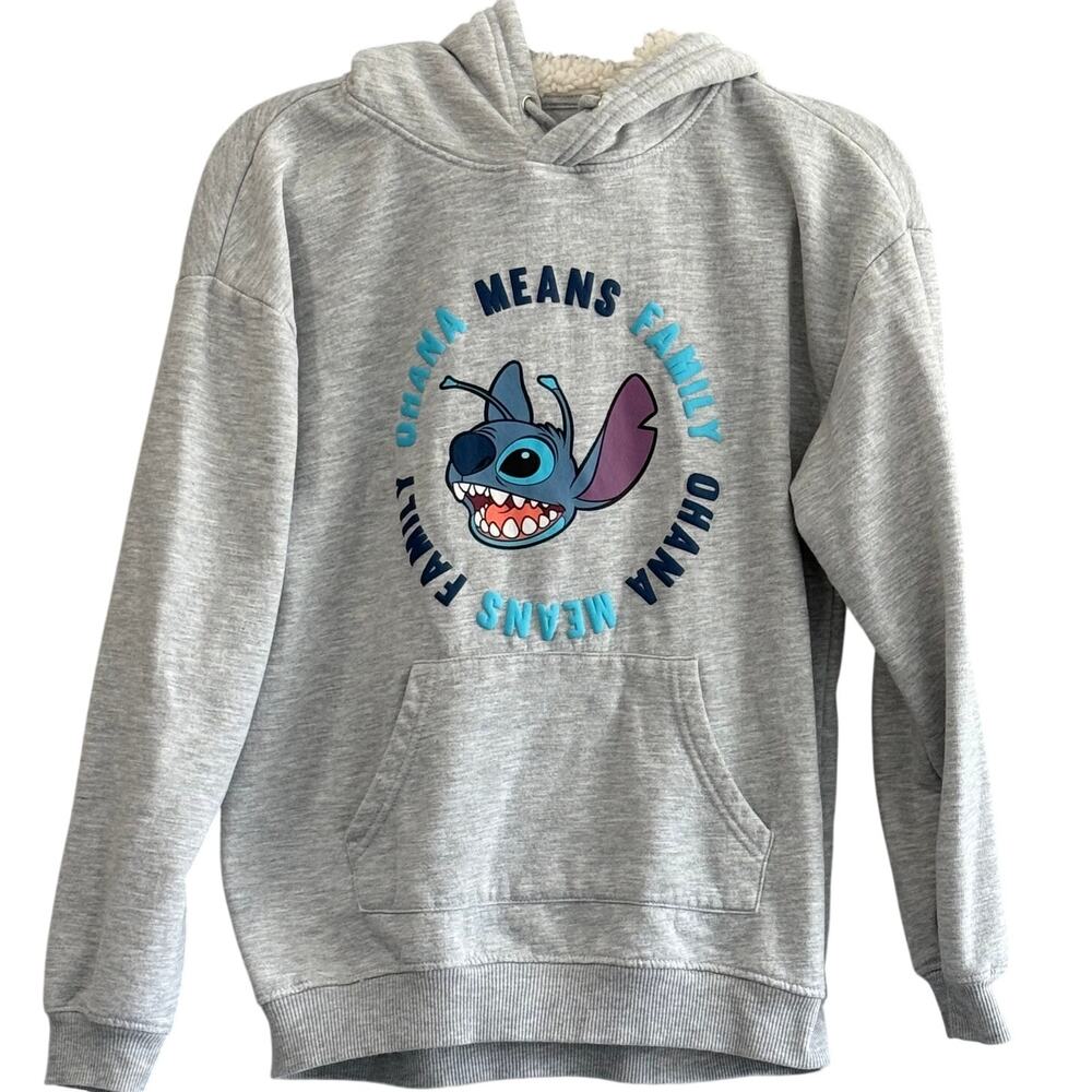 Disney Stitch Hoodie Juniors Medium Gray Sherpa Ohana Fleece Pullover Sweatshirt